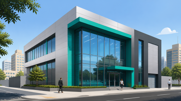 Fachada contemporânea com revestimento em ACM, vidro e esquadrias de alumínio em contexto urbano.