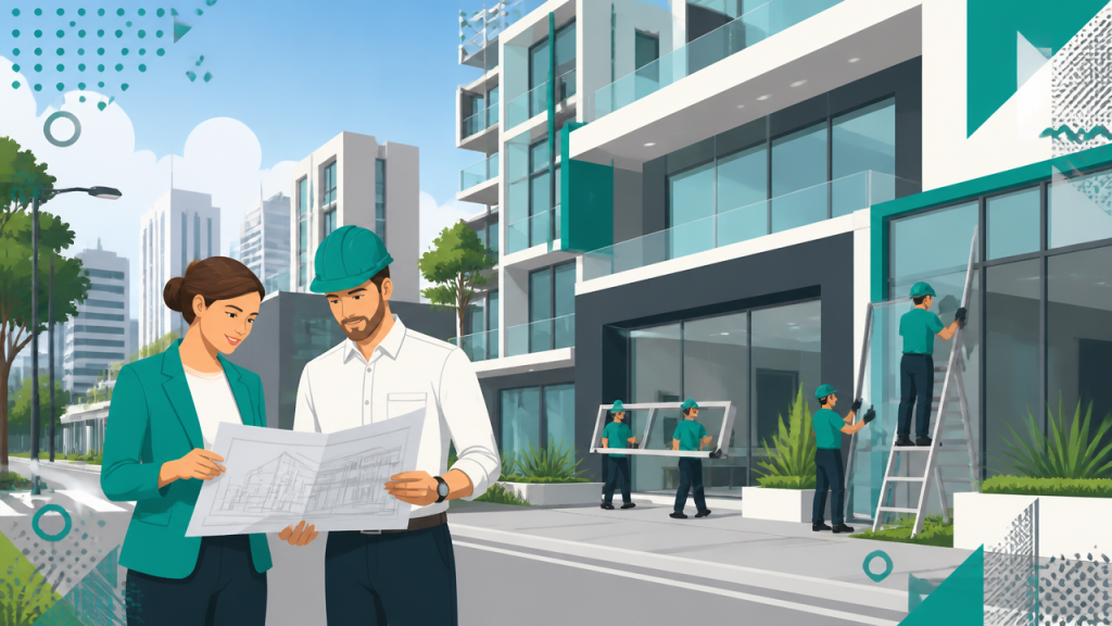 Ilustração de fachadas contemporâneas com vidro e alumínio em contexto urbano de Jundiaí