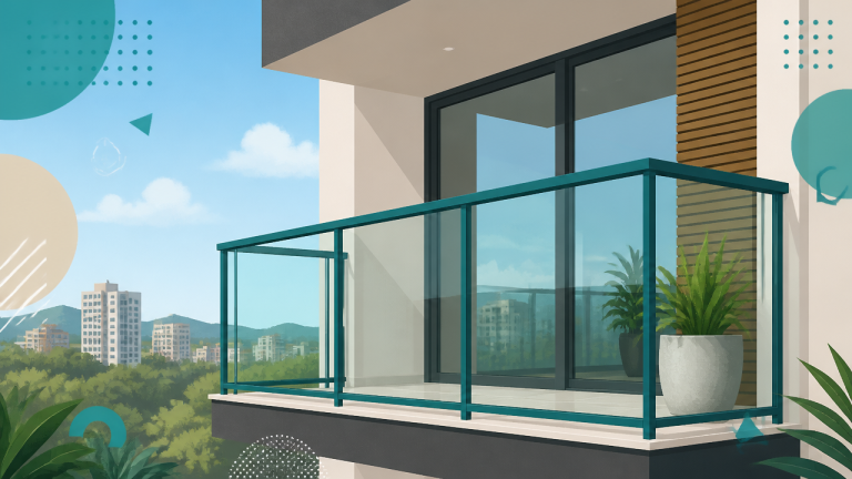 Ilustração de sacada com guarda-corpo de alumínio e vidro em edifício contemporâneo